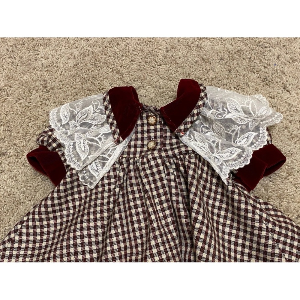 Vintage Maroon Plaid Velvet Lace Collar Christmas Dress 6-9 Months Made In USA - Picture 4 of 6